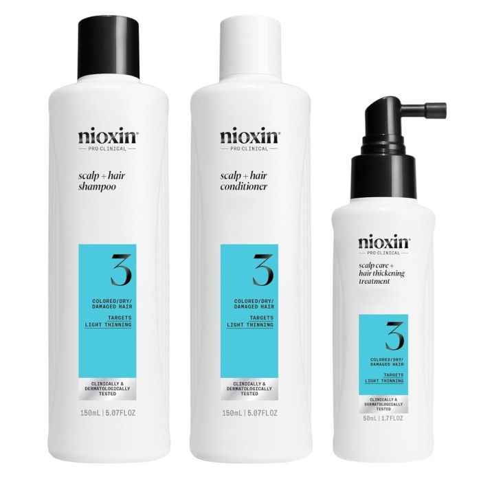 Nioxin 3-Step Scalp Care + Hair Thickening System Kit No.3 - Colored, Dry, Damaged Hair | Targets Light Thinning [TRIAL KIT]