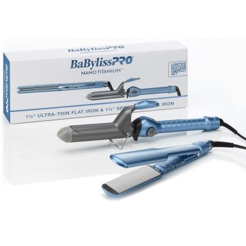 BaByliss Pro Nano Titannium 1-1/2" Ultra-Thin Flat Iron & 1-1/4" Spring Curling Iron Combo #BNTPP69